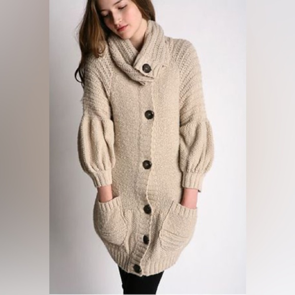 Free People Wool Crochet Knit Cardigan Sweater Women’s medium cream neutral tan